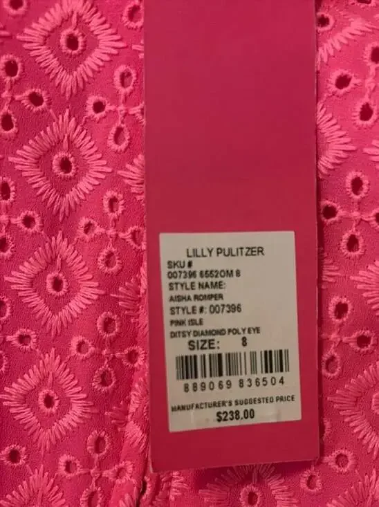 NWT Lilly Pulitzer Aisha Romper, Pink Isle Ditsy Diamond Eyelet — Size 8 - Picture 3 of 7